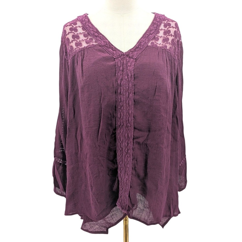 Style & Co Embroidered Peasant Blouse Purple Boho Lace Gauze Plus Size 3X